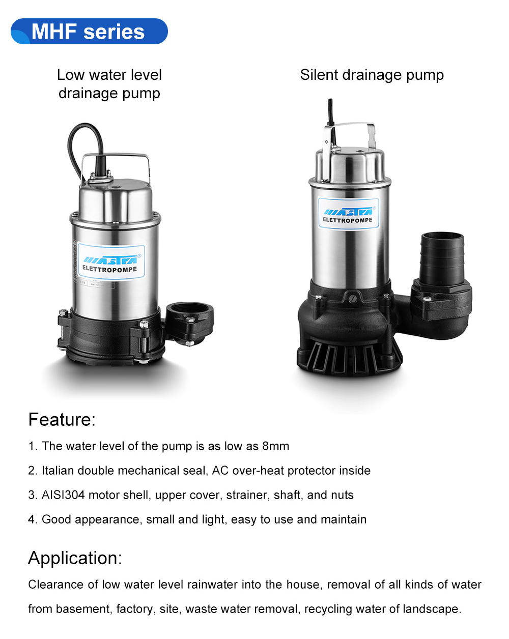 Mastra Stainless Steel Low Water Level Electric Drainage Pumps